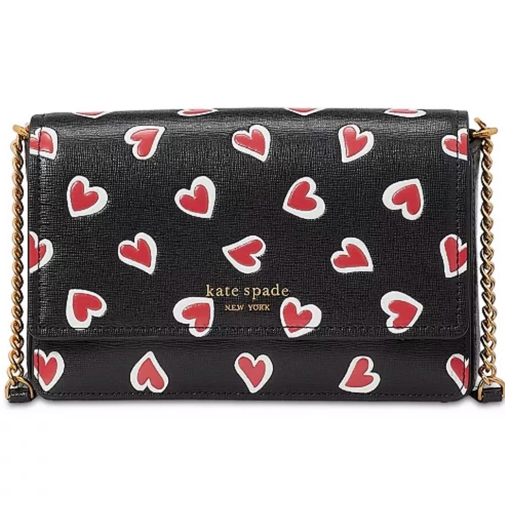 NWT Morgan Stencil Hearts Embossed Printed Saffiano Leather Flap Chain Wallet